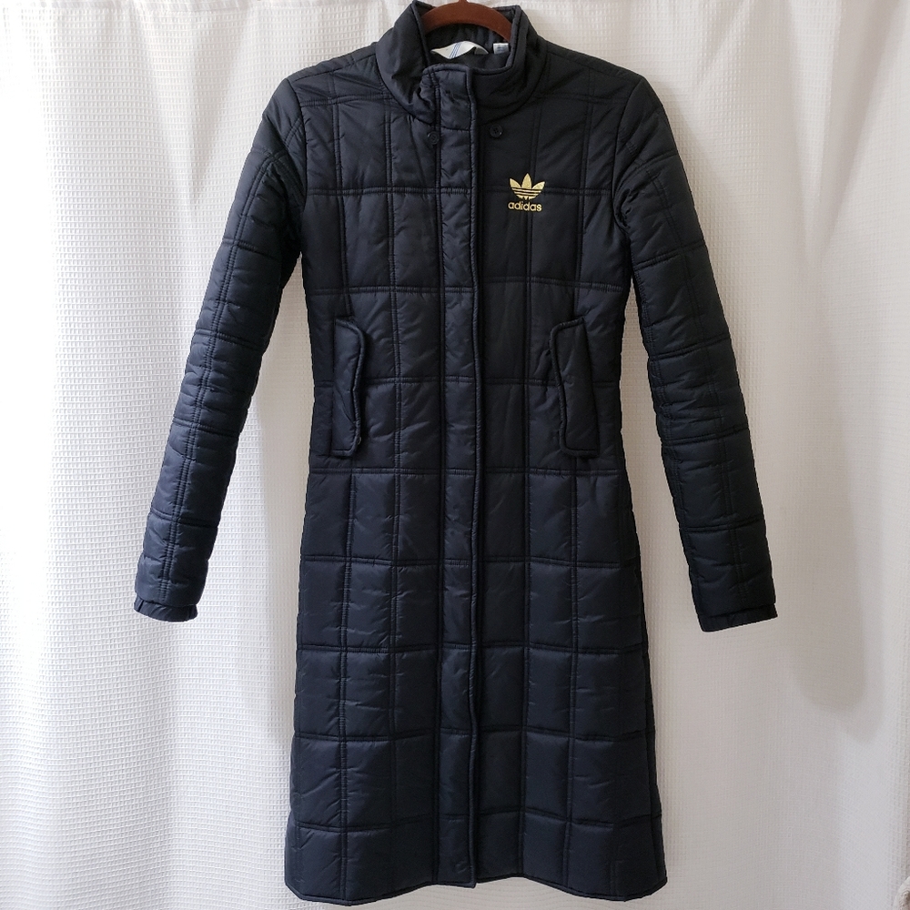 adidas Originals Trefoil Puffer Long Jacket, Black/Metallic Gold, Size: XS